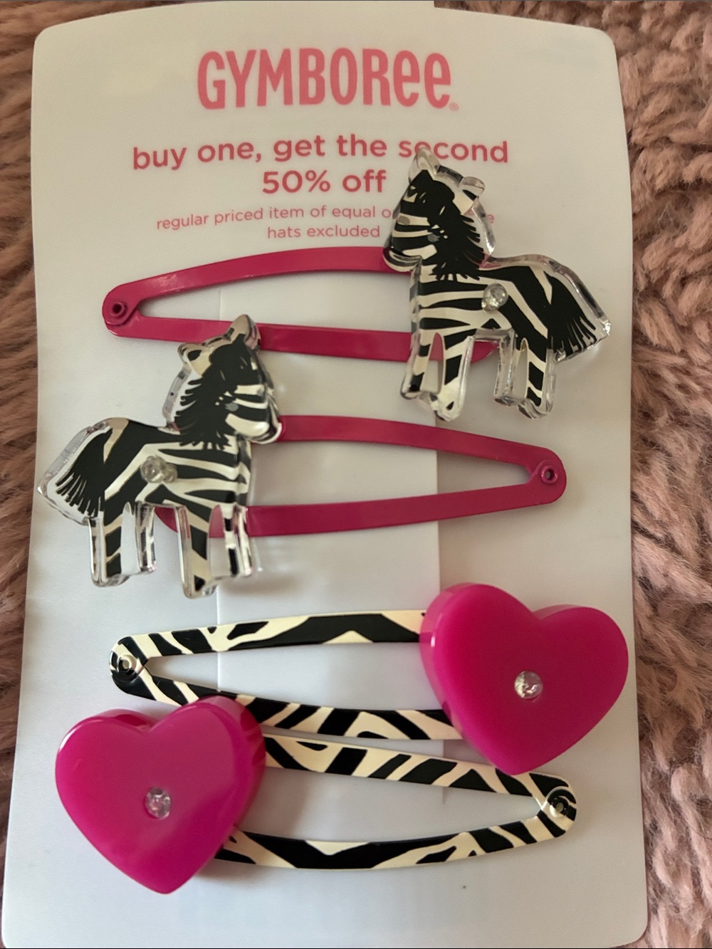 Gymboree Wild One Retail Hot Pink Zebra & Heart Kids Hair Clip Set